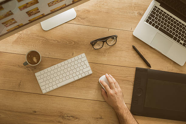 istock Top view of graphic designer working in home office 615834730