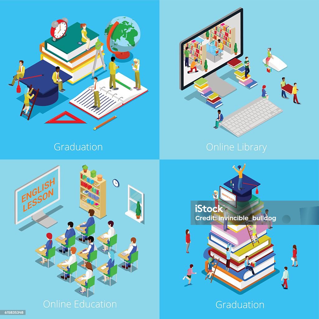 Isometric Educational Concept. Online Education, Online Library, Graduation with Cap Isometric Educational Concept. Online Education, Online Library, Graduation with Cap and Students. Vector 3d flat illustration Education stock vector