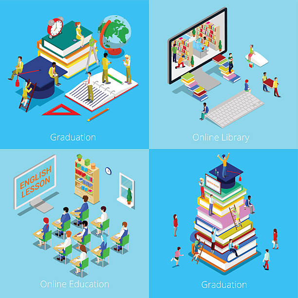 Isometric Educational Concept. Online Education, Online Library, Graduation with Cap Isometric Educational Concept. Online Education, Online Library, Graduation with Cap and Students. Vector 3d flat illustration lecture hall illustrations stock illustrations