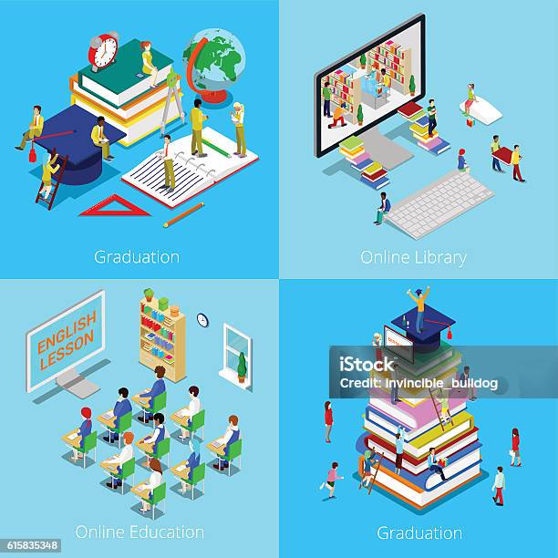 Isometric Educational Concept Online Education Online Library Graduation With Cap Stock Illustration - Download Image Now