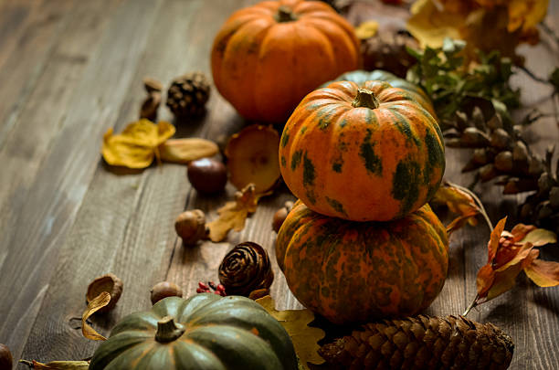 istock Decorative pumpkins on a wooden background 615835418