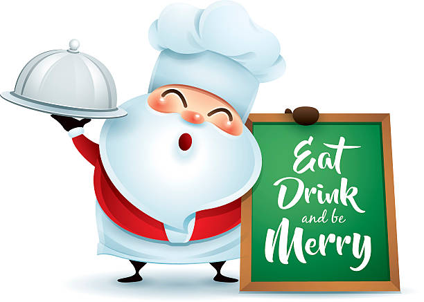 ilustrações de stock, clip art, desenhos animados e ícones de chef santa claus with a serving tray and message board - santa claus food