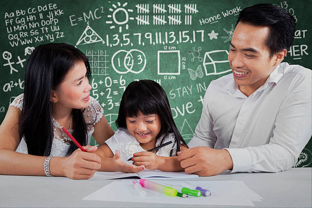 istock Little girl with parents doing homework 615838110