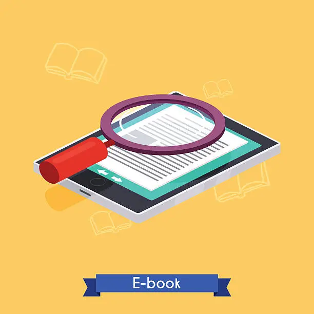 Vector illustration of Flat 3d isometric e-book reader and books. E-learning. Flat desi