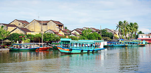 Hoi An town, Vietnam Old town of Hoi An, Vietnam. UNESCO World Heritage Site. Composite photo thu bon river stock pictures, royalty-free photos & images