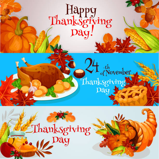 ilustraciones, imágenes clip art, dibujos animados e iconos de stock de pancartas de acción de gracias, juego de tarjetas de felicitación - thanksgiving fruit cornucopia vegetable