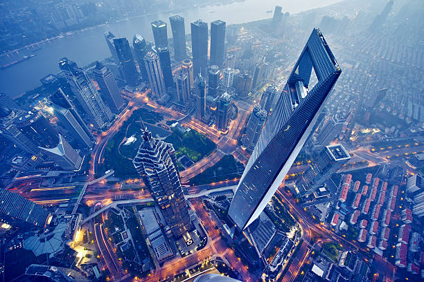 veduta aerea di shanghai di notte - chinese production foto e immagini stock