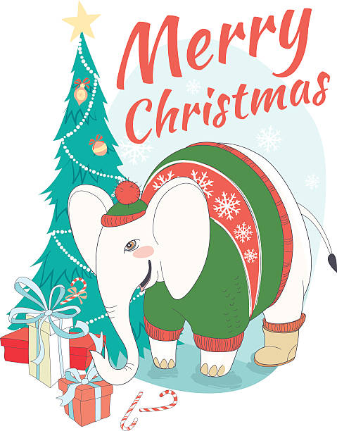 istock Funny Merry Christmas card with elephant wearing cute sweater 615882840