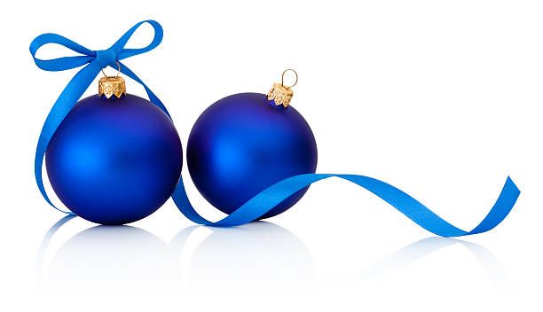istock Two Blue Christmas baubles with ribbon bow isolated on white 615882882