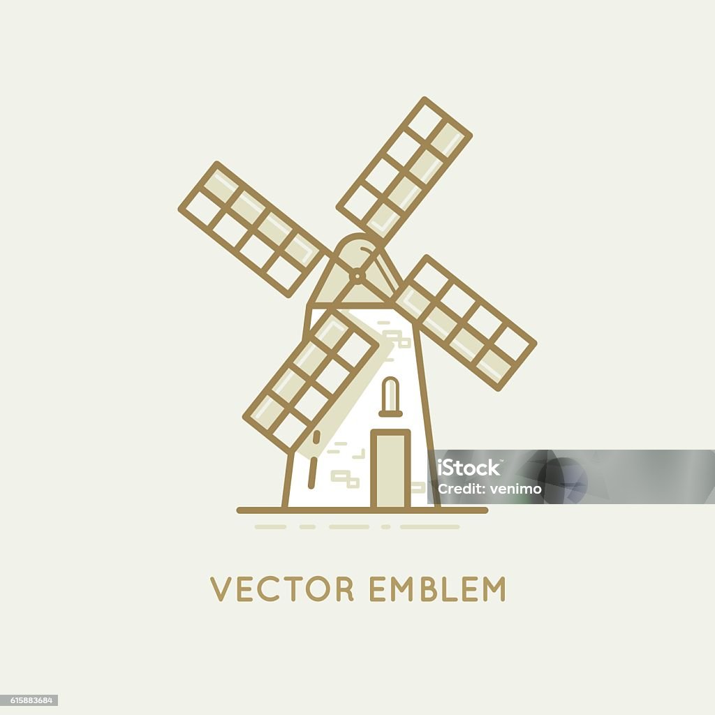 Windmill - bakery emblem Vector illustration and logo design template in modern flat linear style - windmill - bakery emblem - agriculture landscape Watermill stock vector