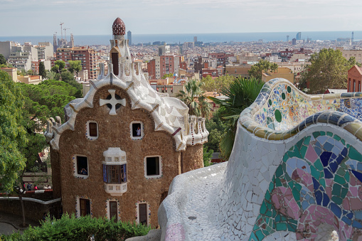 Barcelona, Spain - September 24, 2016: Park Guell Casa del Guarda - Porters Lodge. It houses the exhibition Guell, Gaudi and Barcelona, the expression of an urban ideal.