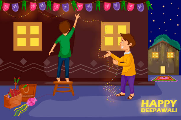 Kids Decorating House For Celebrating Diwali Festival Of India Stock  Illustration - Download Image Now - iStock