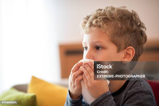 Little Boy Blowing Nose Stock Photo - Download Image Now - Boys, Child, Sneezing