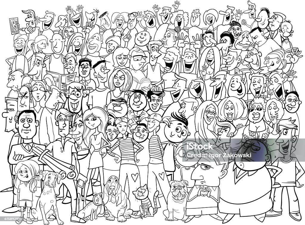 black and white people large group Black and White Cartoon Illustration of People Group in the Crowd Black And White stock vector