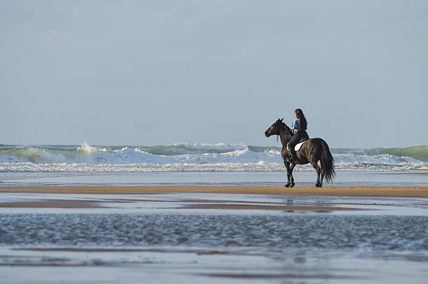 Lone rider and her horse enjoy the freedom of a gallop along the beach in Anglesey Wales.