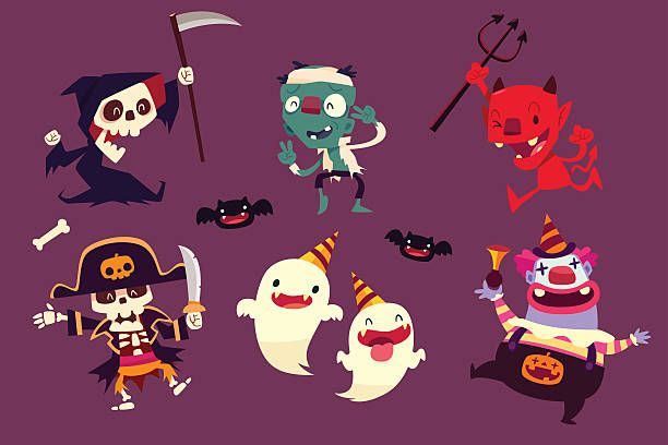 halloweenowe postacie robią zabawny taniec w partii - devil demon cartoon halloween stock illustrations