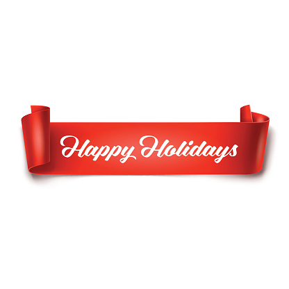 Vector illustration of Happy Holidays inscription on red detailed curved ribbon isolated on white background. Curved paper banner. 