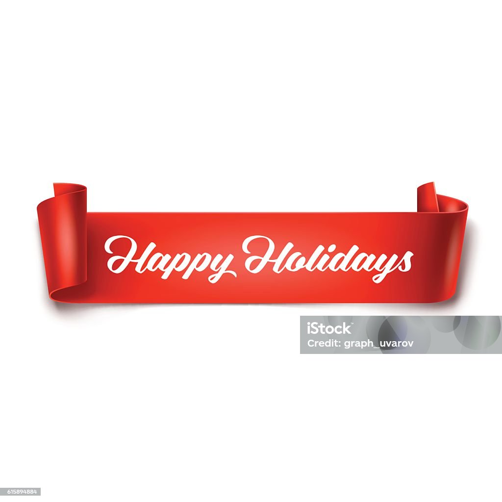 Happy Holidays inscription on red detailed curved ribbon Vector illustration of Happy Holidays inscription on red detailed curved ribbon isolated on white background. Curved paper banner.  Christmas stock vector