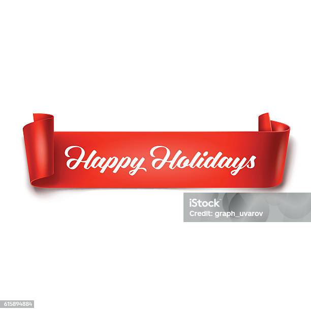 Happy Holidays Inscription On Red Detailed Curved Ribbon Stock Illustration - Download Image Now