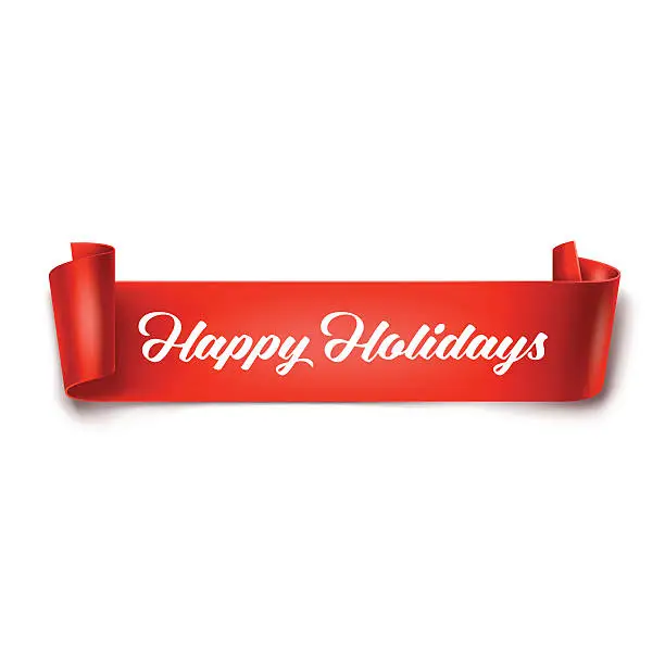 Vector illustration of Happy Holidays inscription on red detailed curved ribbon