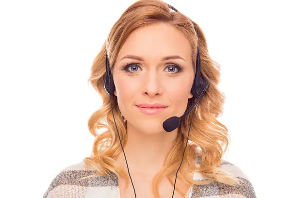 Portrait of young pretty charming agent of call center