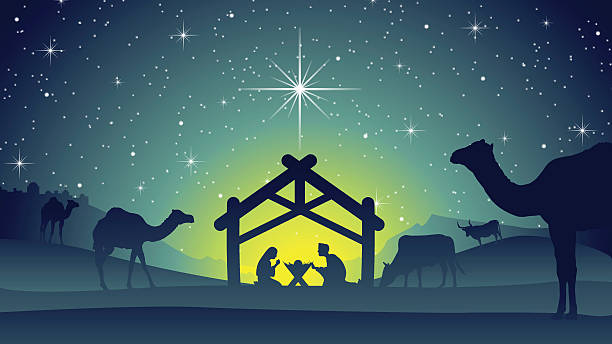 Nativity Scene with Jesus, Mary and Joseph A nice Christmas Nativity Background with Jesus Christ, Mary and Joseph in a manger at night. Surrounded by cows and camels and a city on a hill in the background. christmas three wise men camel christianity stock illustrations