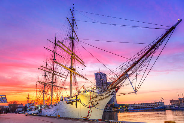 istock Sailboat in Gdynia harbour at sunset, Poland 615897726