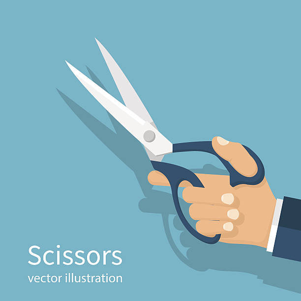 Scissors holding in hand Scissors holding in hand. Vector illustration flat design. Isolated on background. Man hairdresser, tailor. shears stock illustrations