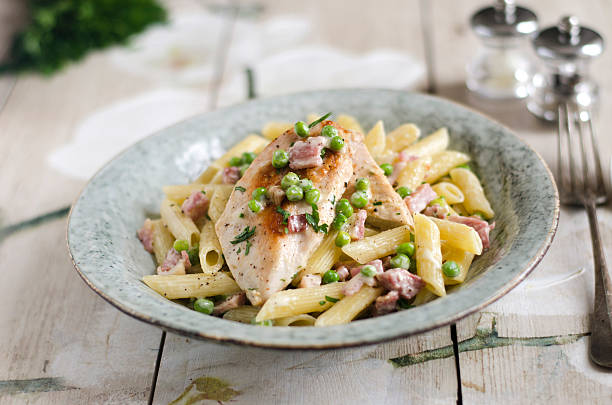 Chicken with creamy bacon penne Chicken breast with creamy bacon penne chicken rigatoni stock pictures, royalty-free photos & images