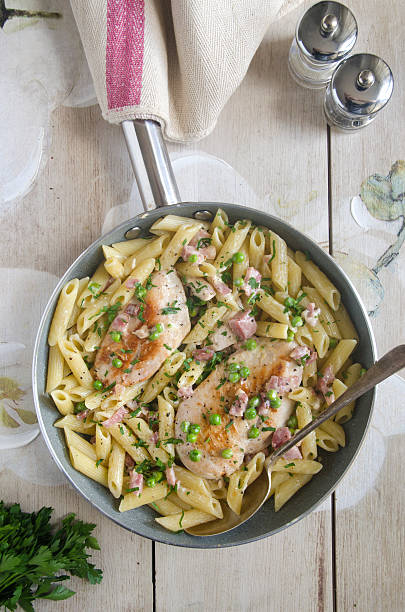 istock Chicken with creamy bacon penne 615899912