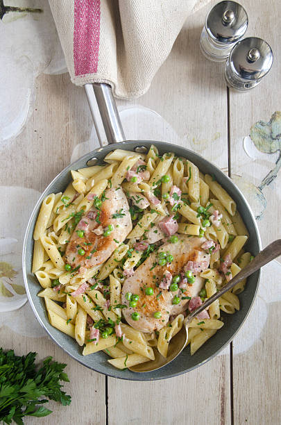 Chicken with creamy bacon penne Chicken breast with creamy bacon penne chicken rigatoni stock pictures, royalty-free photos & images