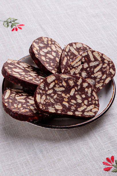 chocolate biscuit salami stock photo
