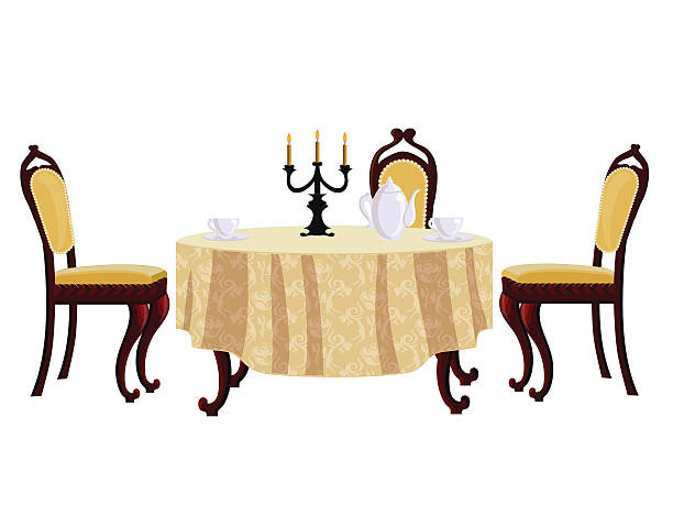 мультфильм обеденный стол и стул в винтажном стиле - comfortable classic uk italy stock illustrations
