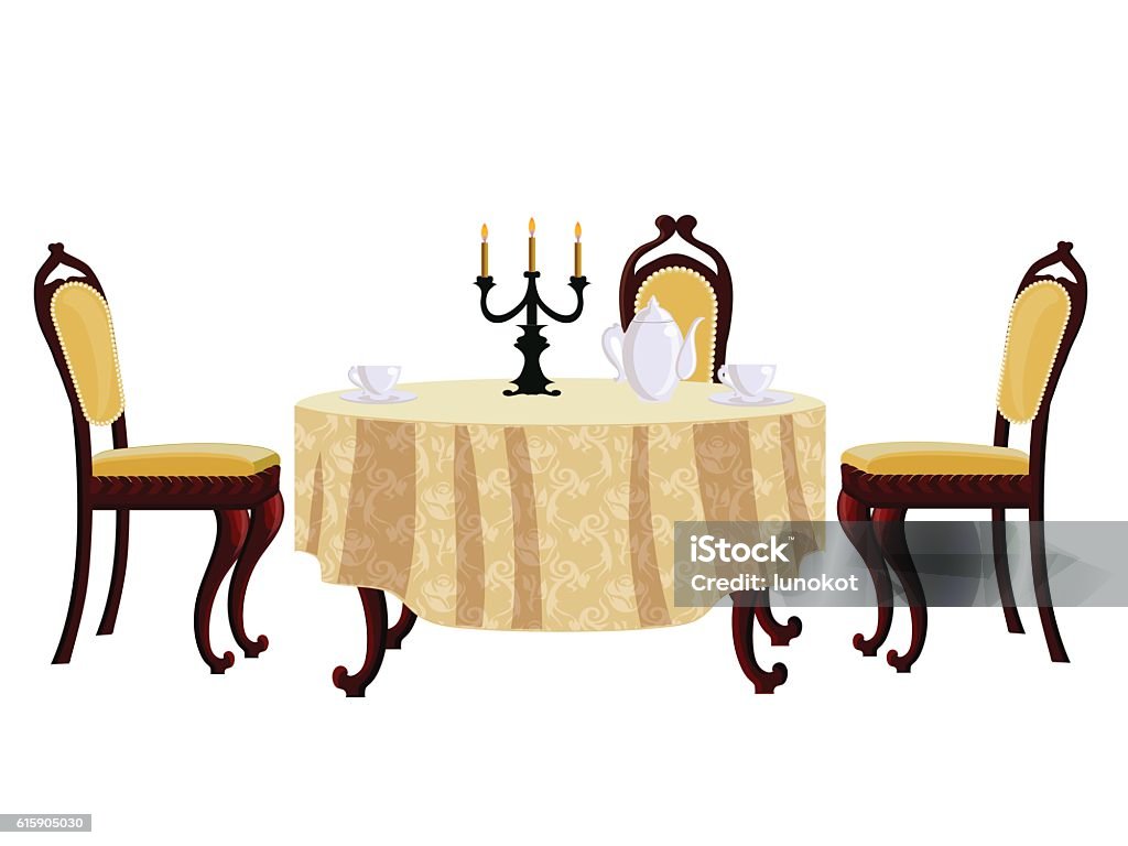 Cartoon Dining Table And Chair In Vintage Style Stock Illustration -  Download Image Now - Dining Room, England, English Culture - iStock