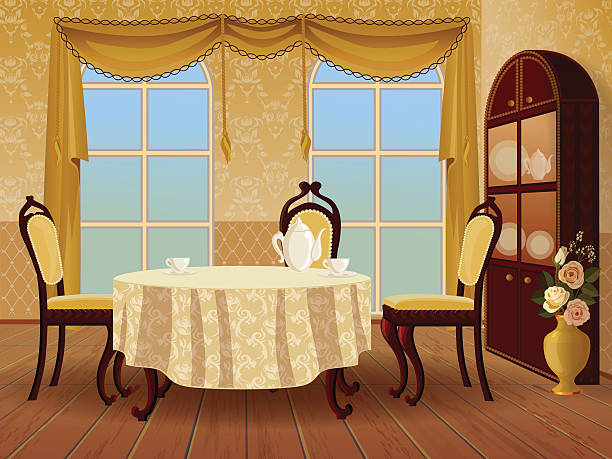 Cartoon dinning room interior in classic vintage style.