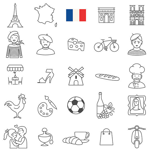 illustrazioni stock, clip art, cartoni animati e icone di tendenza di set di icone francia - french culture immagine