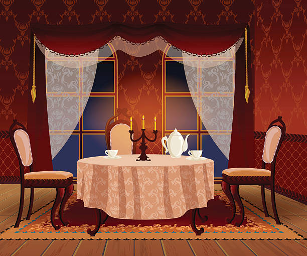 Cartoon Dinning Room Interior In Classic Vintage Style Stock Illustration -  Download Image Now - iStock