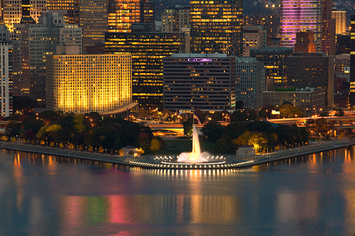 The fountain at Point State Park in downtown Pittsburgh, PA, USA on a beautiful fall evening.
