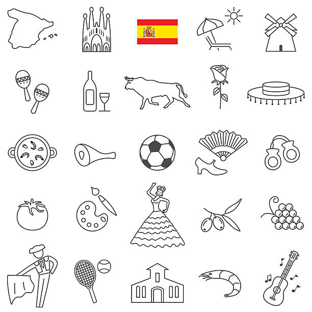 spanien-symbolsatz - kastagnetten stock-grafiken, -clipart, -cartoons und -symbole