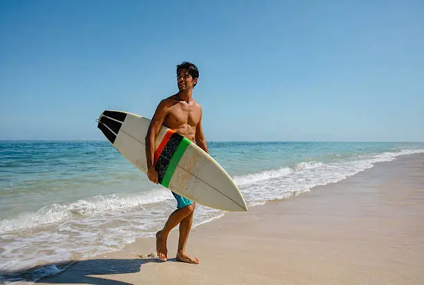 Full length shot of young man with surf board on beach. Handsome caucasian male holding surfboard walking on the sea shore and looking away.