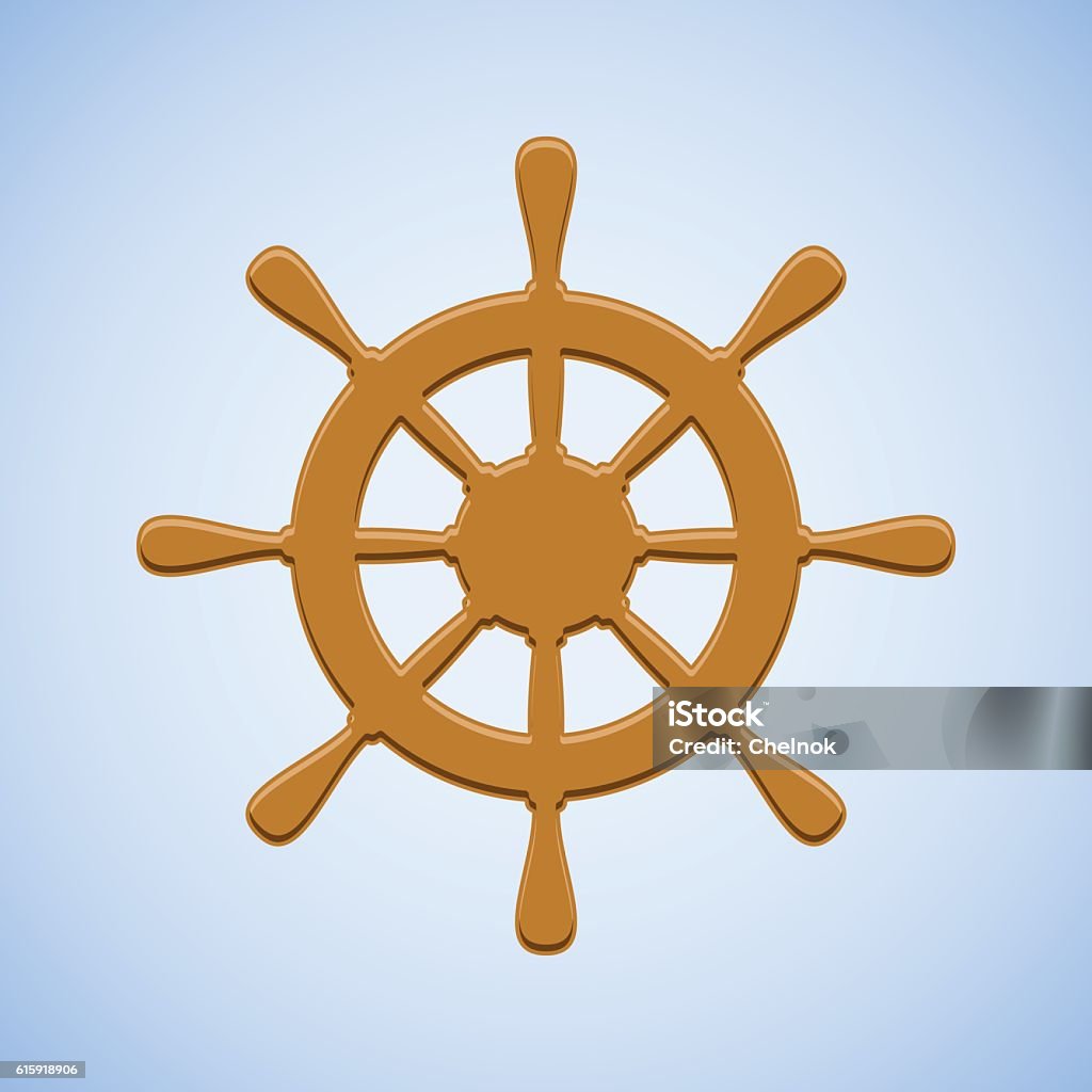 Vector ship wheel. Vector brown ship wheel on blue background. Ancient stock vector