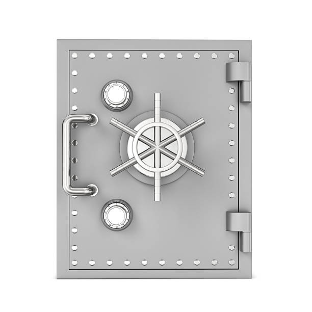 istock Rendering of steel safe box, isolated on white background 615921062