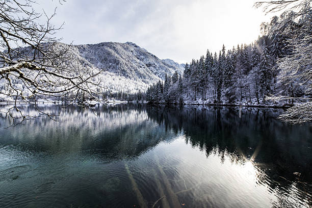 istock first snow at the mountain lake 615921942