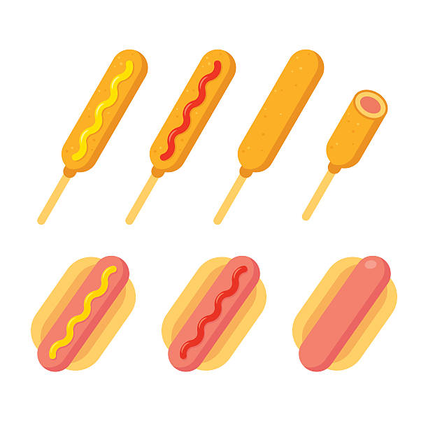 illustrazioni stock, clip art, cartoni animati e icone di tendenza di corn dog e hot dog - sausage grilled isolated single object