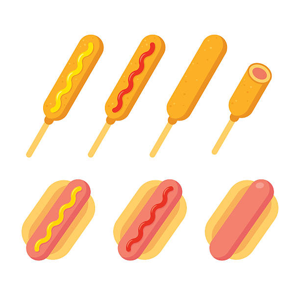 옥수수 개와 핫도그 - sausage grilled isolated single object stock illustrations