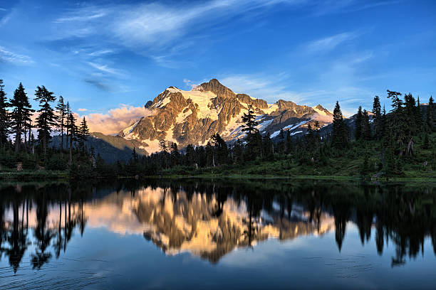 Picture Lake Mt Shuksan with Picture Lake in foreground in Washington state picture lake stock pictures, royalty-free photos & images