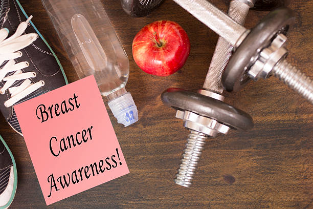 istock Fitness, exercise themed scene with Breast Cancer Awareness note. 615928664