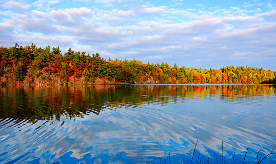 Beautiful fall color landscape with reflections of forest, rocky shore and clouds on water along Pink Lake, Gatineau Park, a provincial park near the shore of Ottawa River in Quebec, Canada