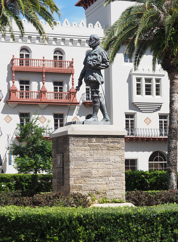 statue of Pedro Menendez de Aviles status in St. Augsustine Florida.      He founded the city and established a permanent colony there.