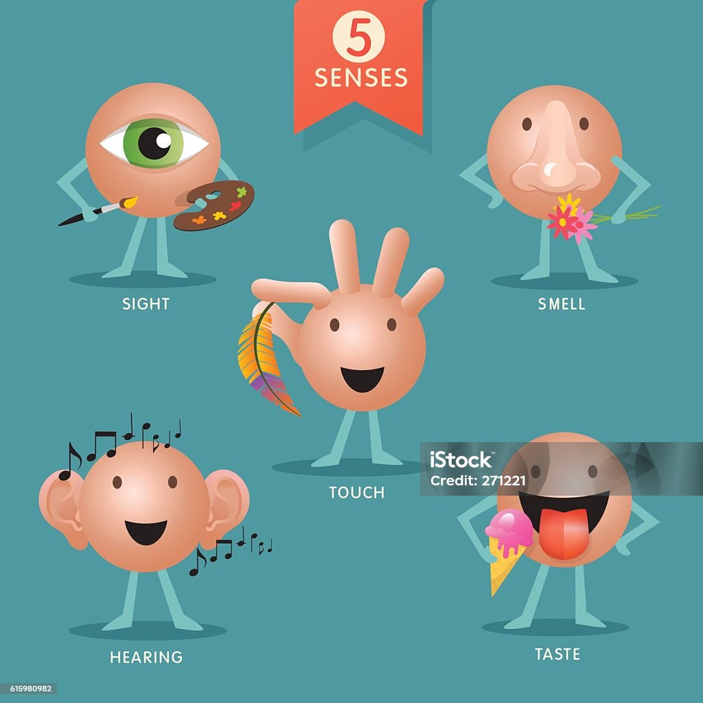 educational cartoon characters representing the five senses educational cartoon characters representing the five human senses, each one demonstrating their qualities and purpose Sensory Perception stock vector